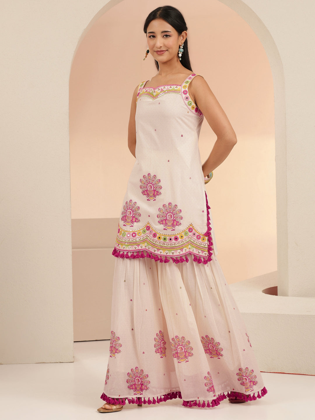 Libas Off White Printed Cotton Sharara Suit Set with Tassel Details