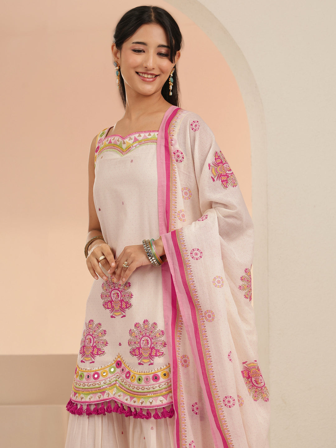 Libas Off White Printed Cotton Sharara Suit Set with Tassel Details