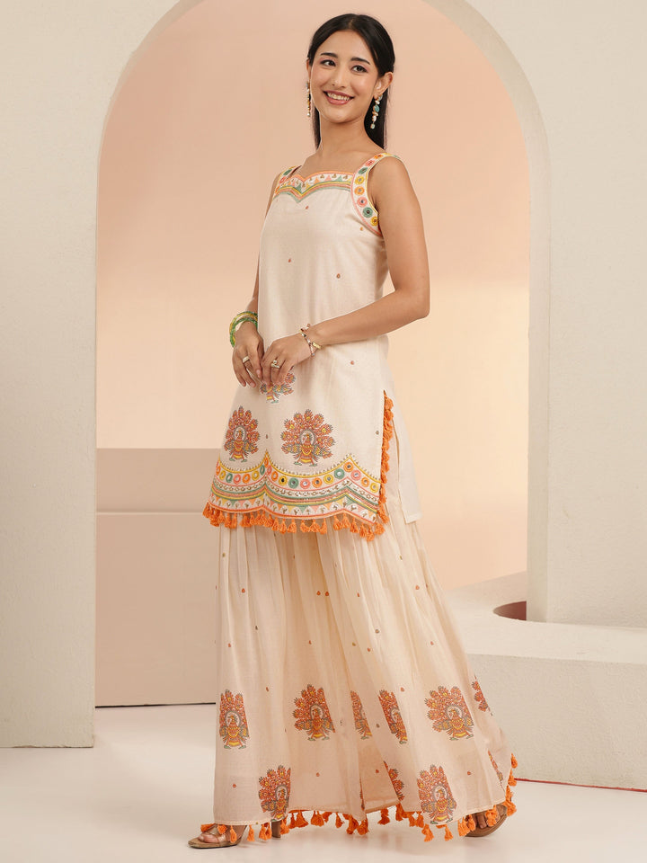 Libas Off White Printed Cotton Sharara Suit Set with Tassel Details