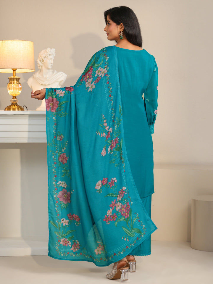 Libas Turquoise Blue Floral Embroidered Chanderi Cotton Straight Suit Set