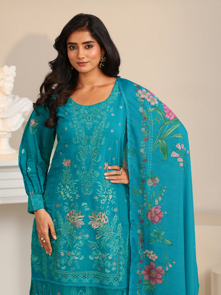 Libas Turquoise Blue Floral Embroidered Chanderi Cotton Straight Suit Set