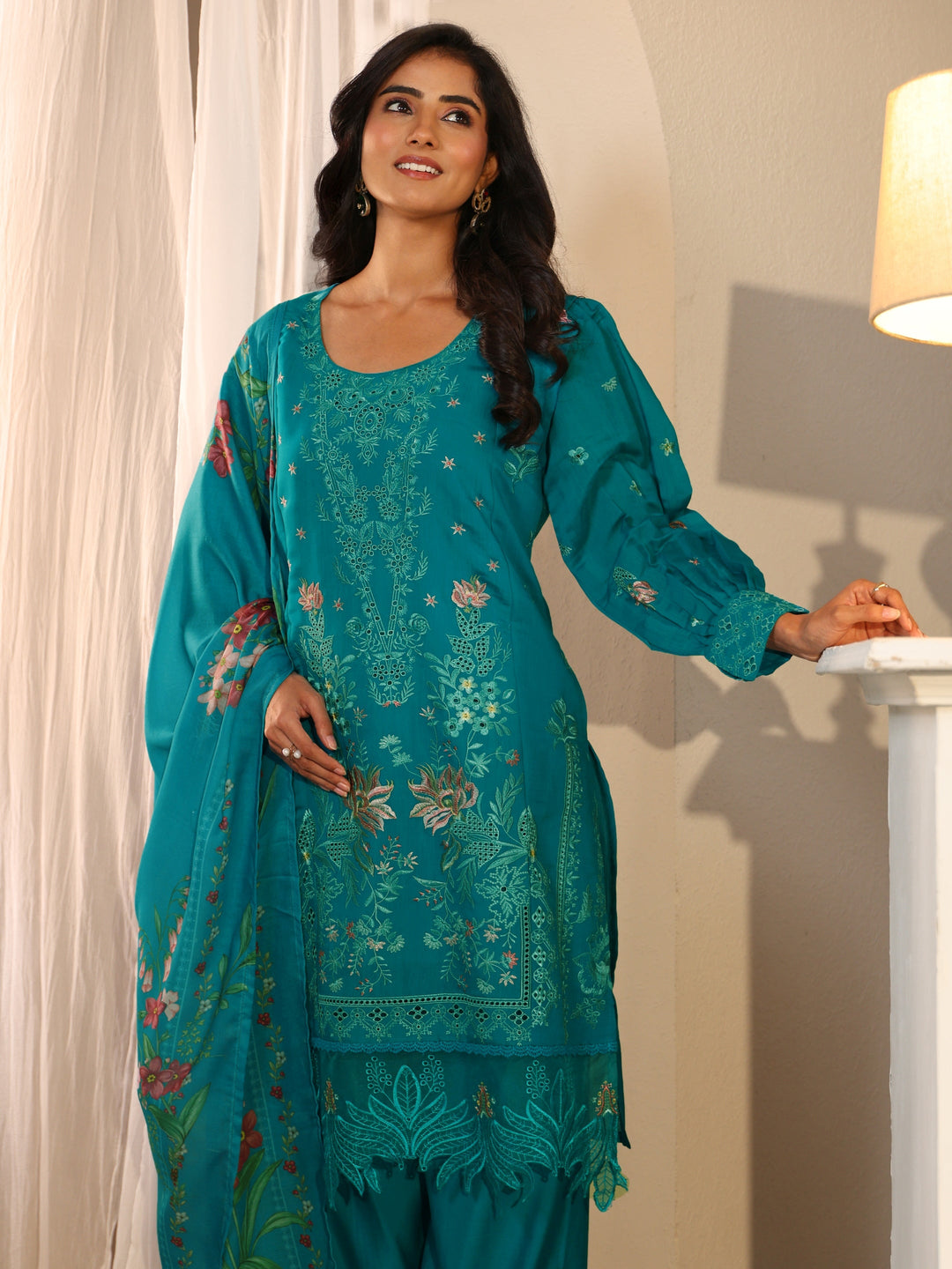 Libas Turquoise Blue Floral Embroidered Chanderi Cotton Straight Suit Set