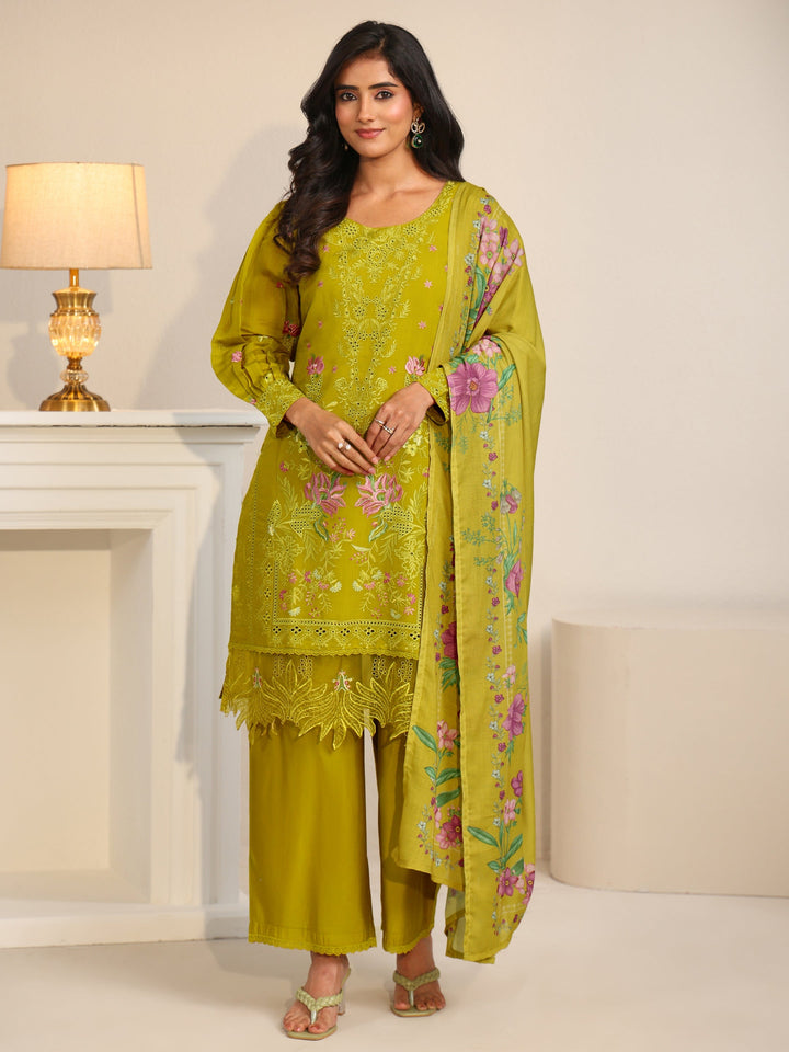 Libas Henna Green Floral Embroidered Chanderi Cotton Straight Suit Set