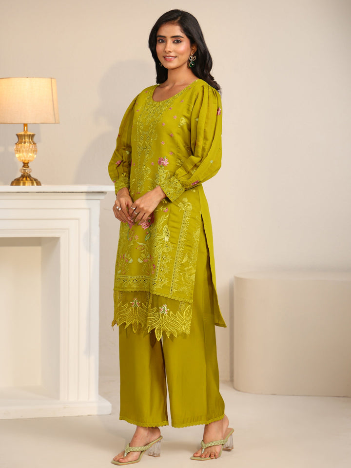 Libas Henna Green Floral Embroidered Chanderi Cotton Straight Suit Set
