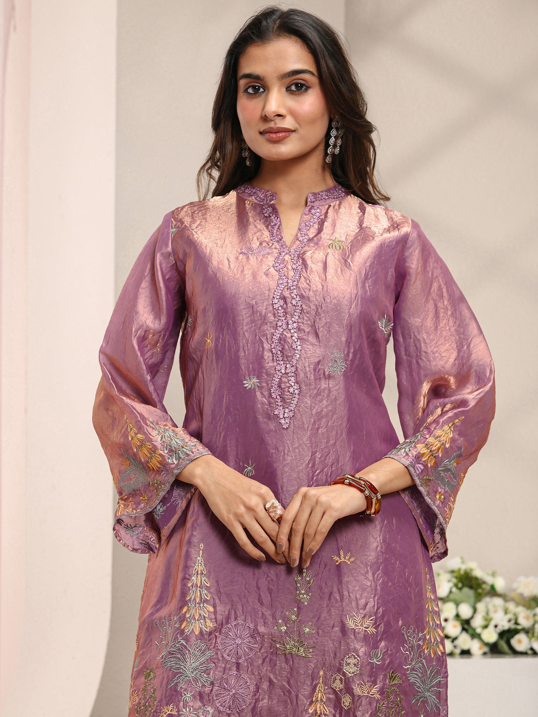Mauve Floral Embroidered Organza Straight Suit Set with Dupatta