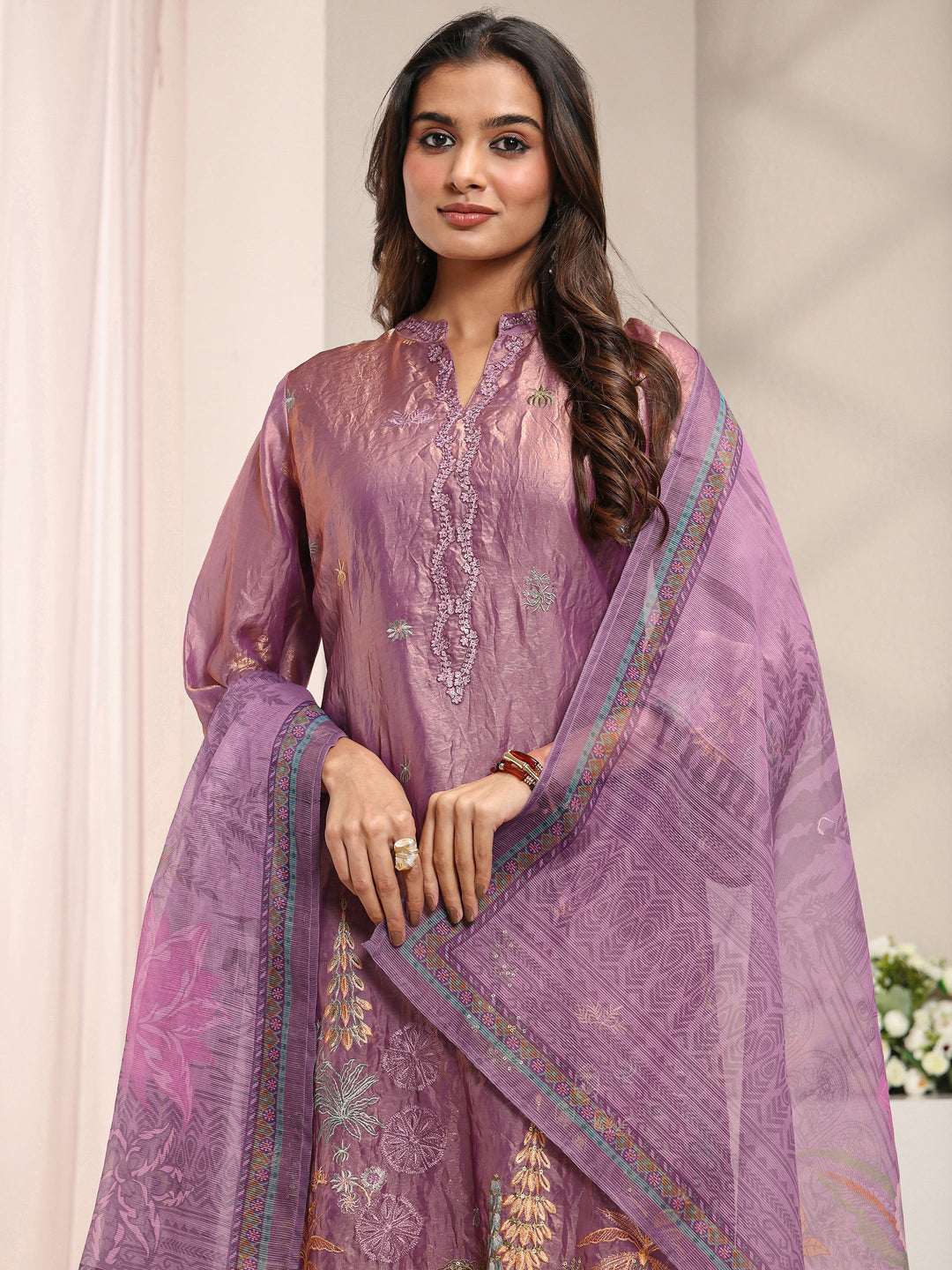 Mauve Floral Embroidered Organza Straight Suit Set with Dupatta