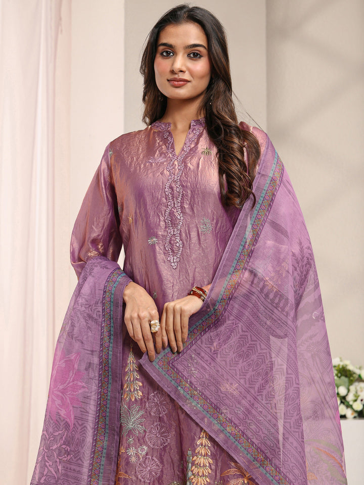 Mauve Floral Embroidered Organza Straight Suit Set with Dupatta
