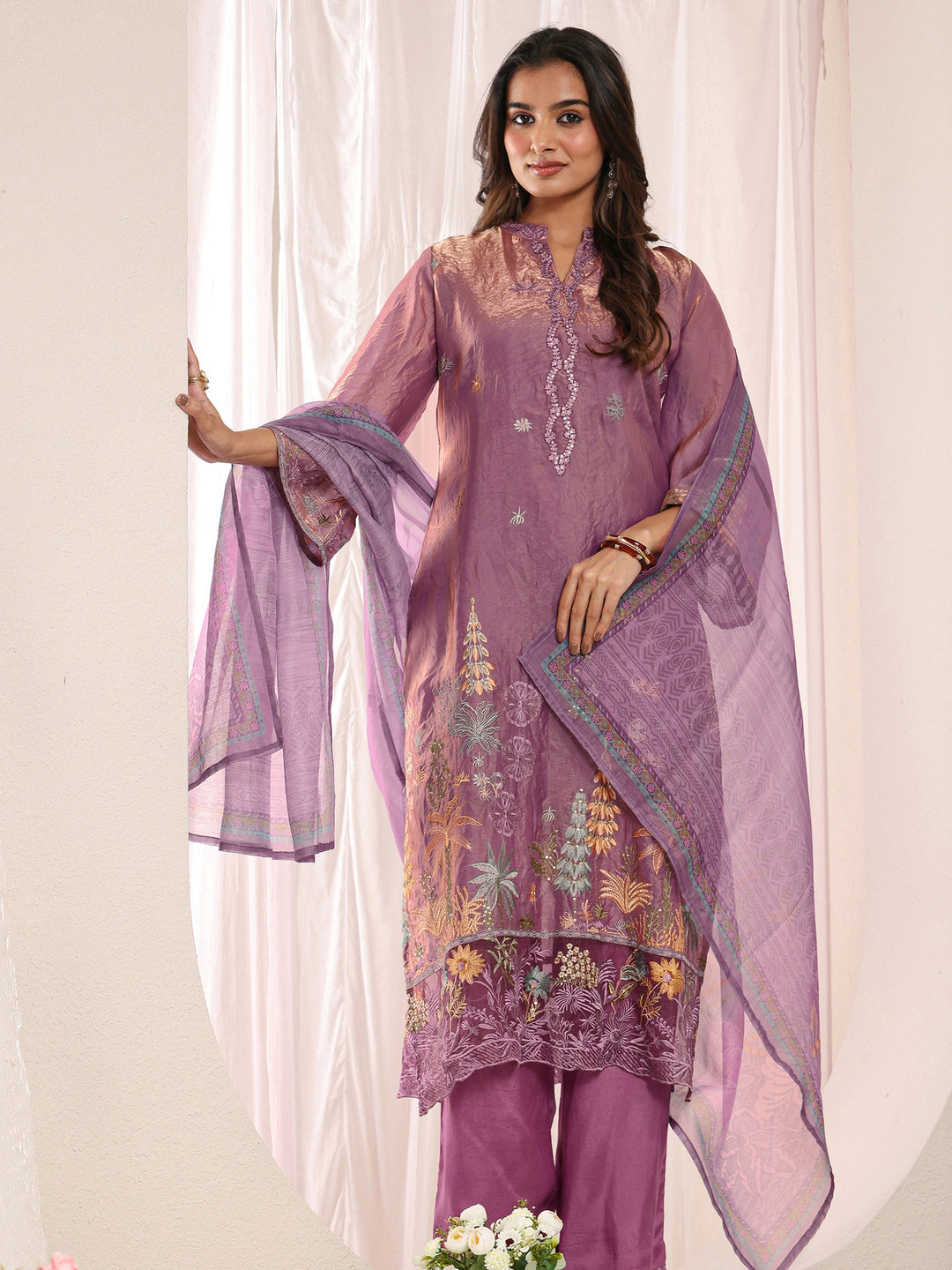 Mauve Floral Embroidered Organza Straight Suit Set with Dupatta