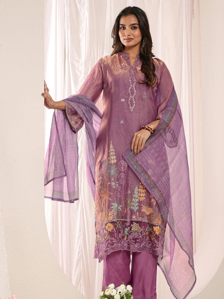 Mauve Floral Embroidered Organza Straight Suit Set with Dupatta