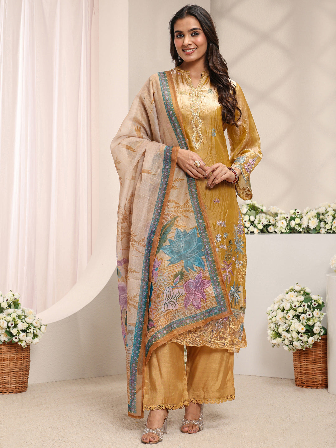 Mustard Floral Embroidered Organza Straight Suit Set with Dupatta