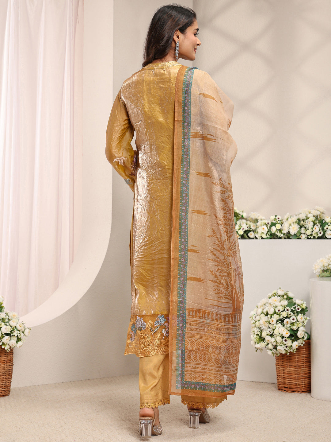 Mustard Floral Embroidered Organza Straight Suit Set with Dupatta