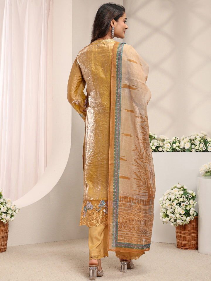 Mustard Floral Embroidered Organza Straight Suit Set with Dupatta