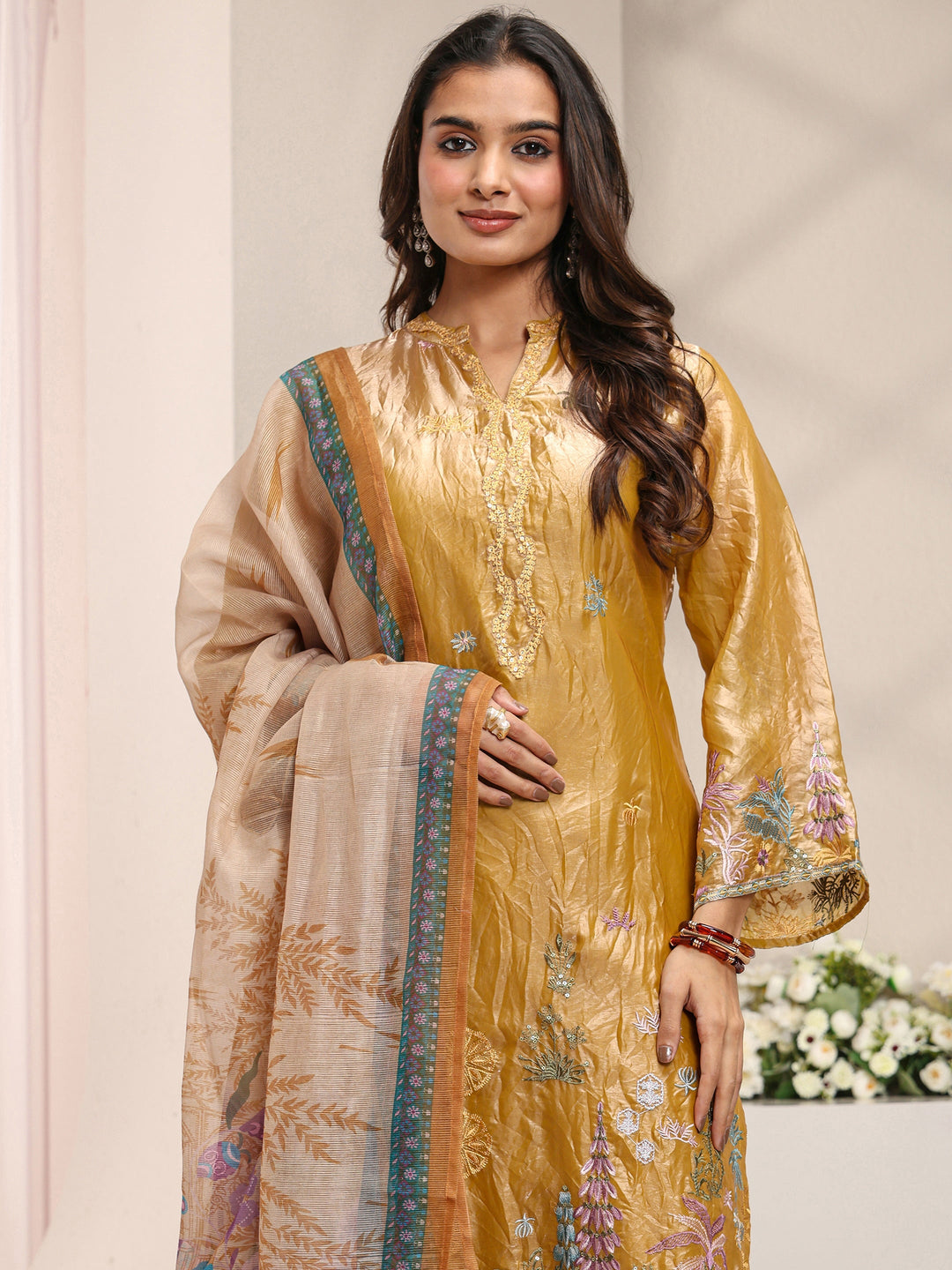 Mustard Floral Embroidered Organza Straight Suit Set with Dupatta