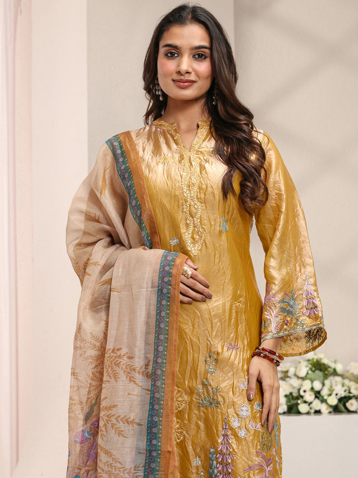 Mustard Floral Embroidered Organza Straight Suit Set with Dupatta