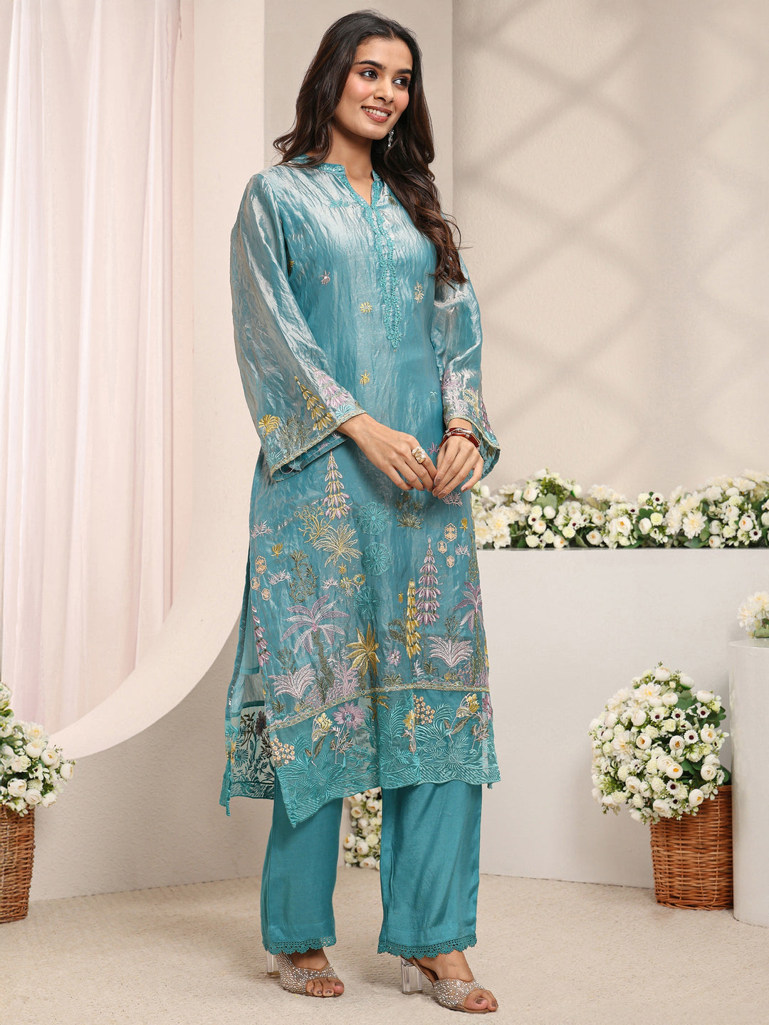 Blue Floral Embroidered Organza Straight Suit Set with Dupatta