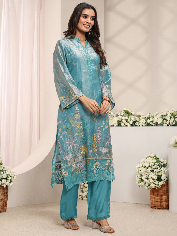 Blue Floral Embroidered Organza Straight Suit Set with Dupatta