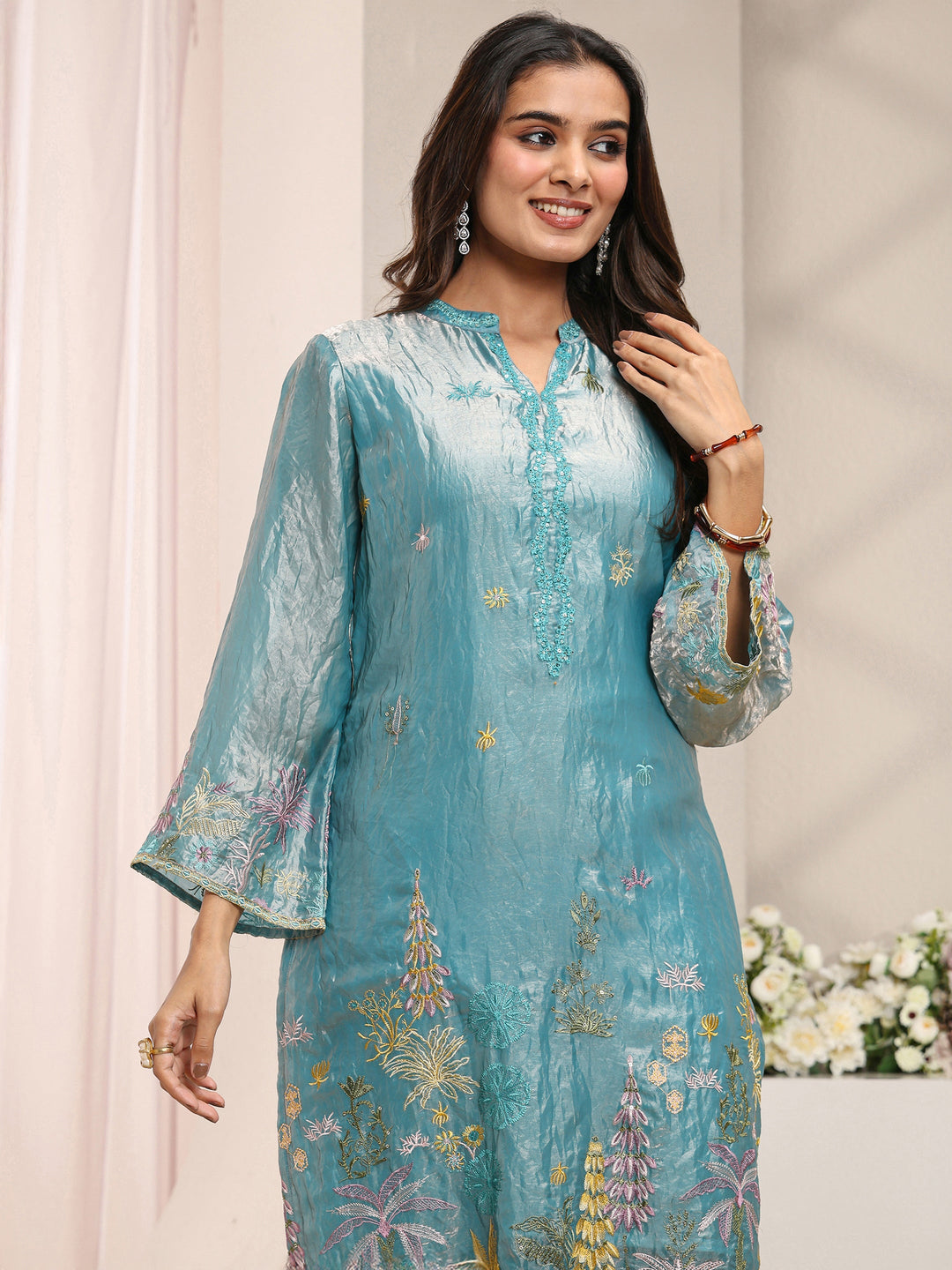 Blue Floral Embroidered Organza Straight Suit Set with Dupatta