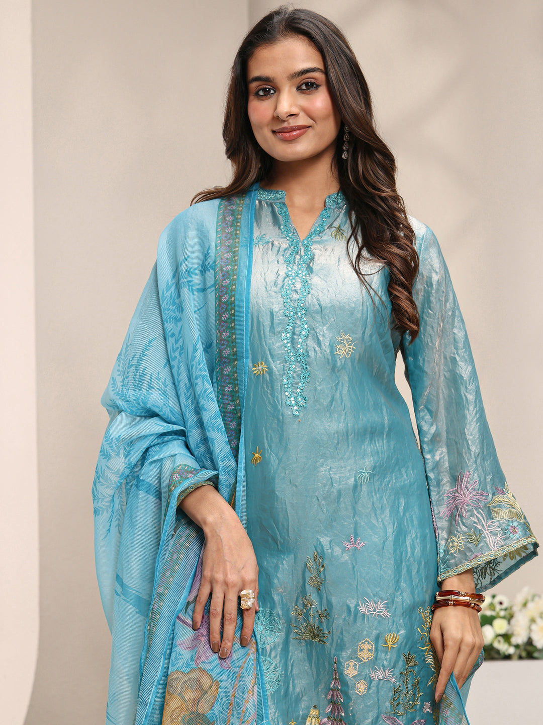 Blue Floral Embroidered Organza Straight Suit Set with Dupatta