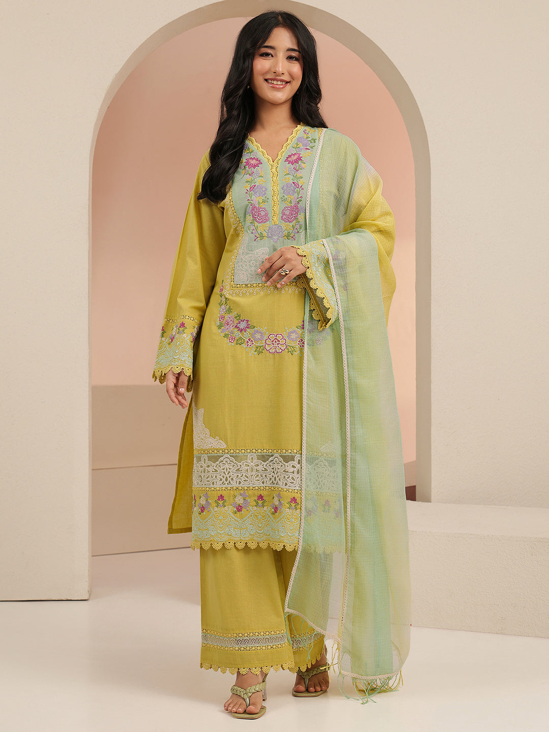 Libas Yellow Floral Embroidered Cotton Straight Suit Set