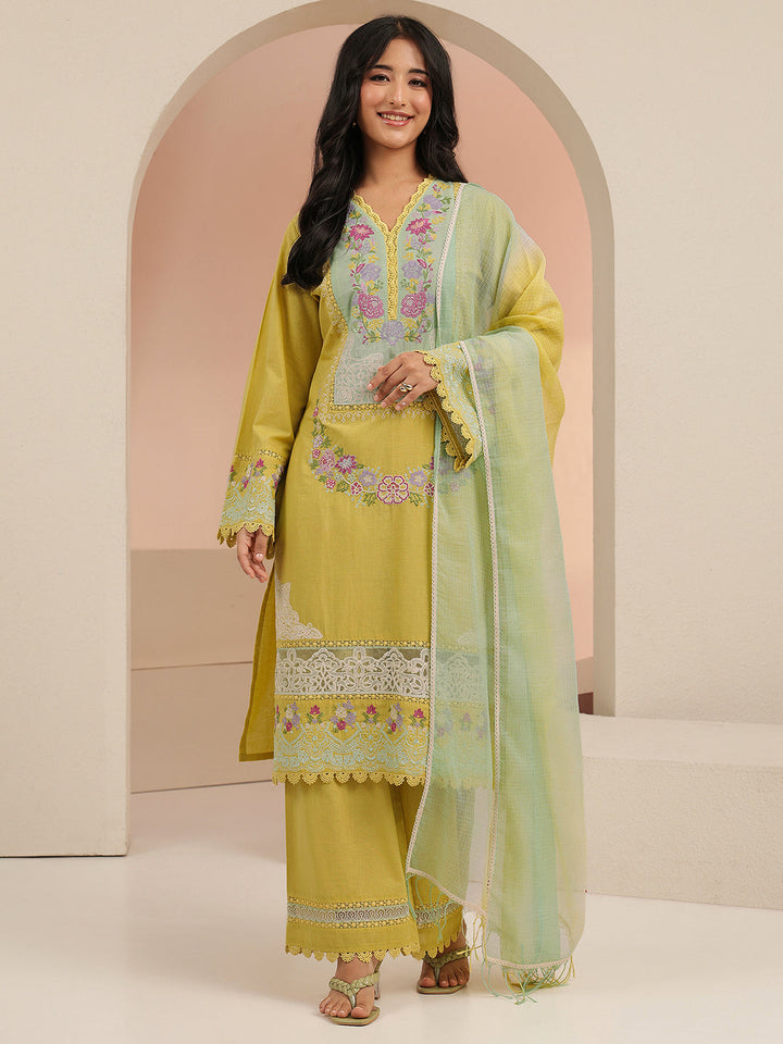 Libas Yellow Floral Embroidered Cotton Straight Suit Set