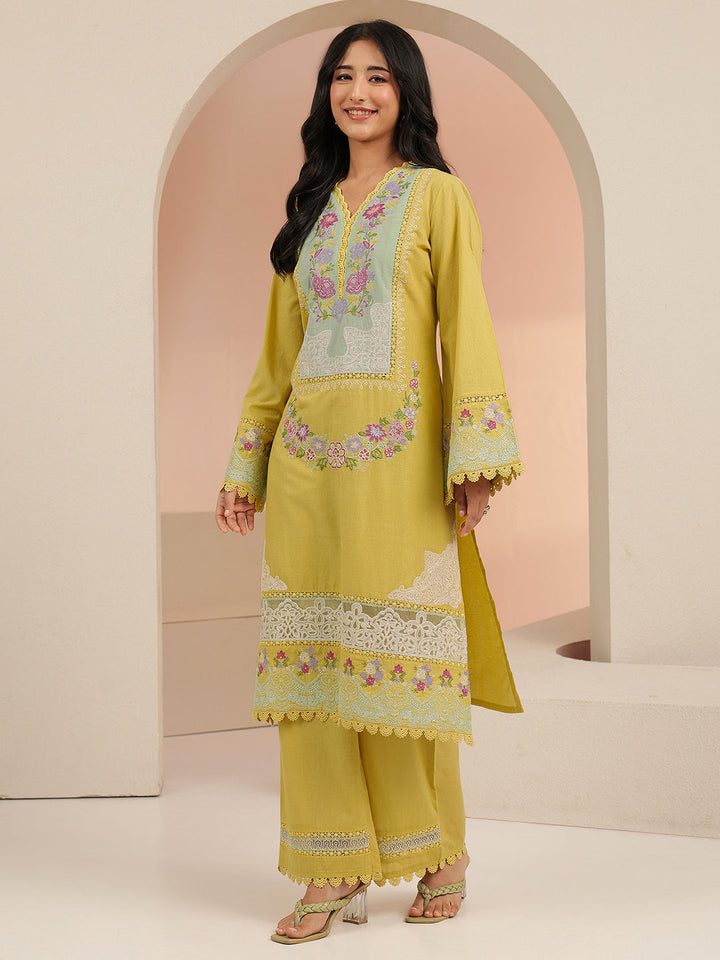 Libas Yellow Floral Embroidered Cotton Straight Suit Set