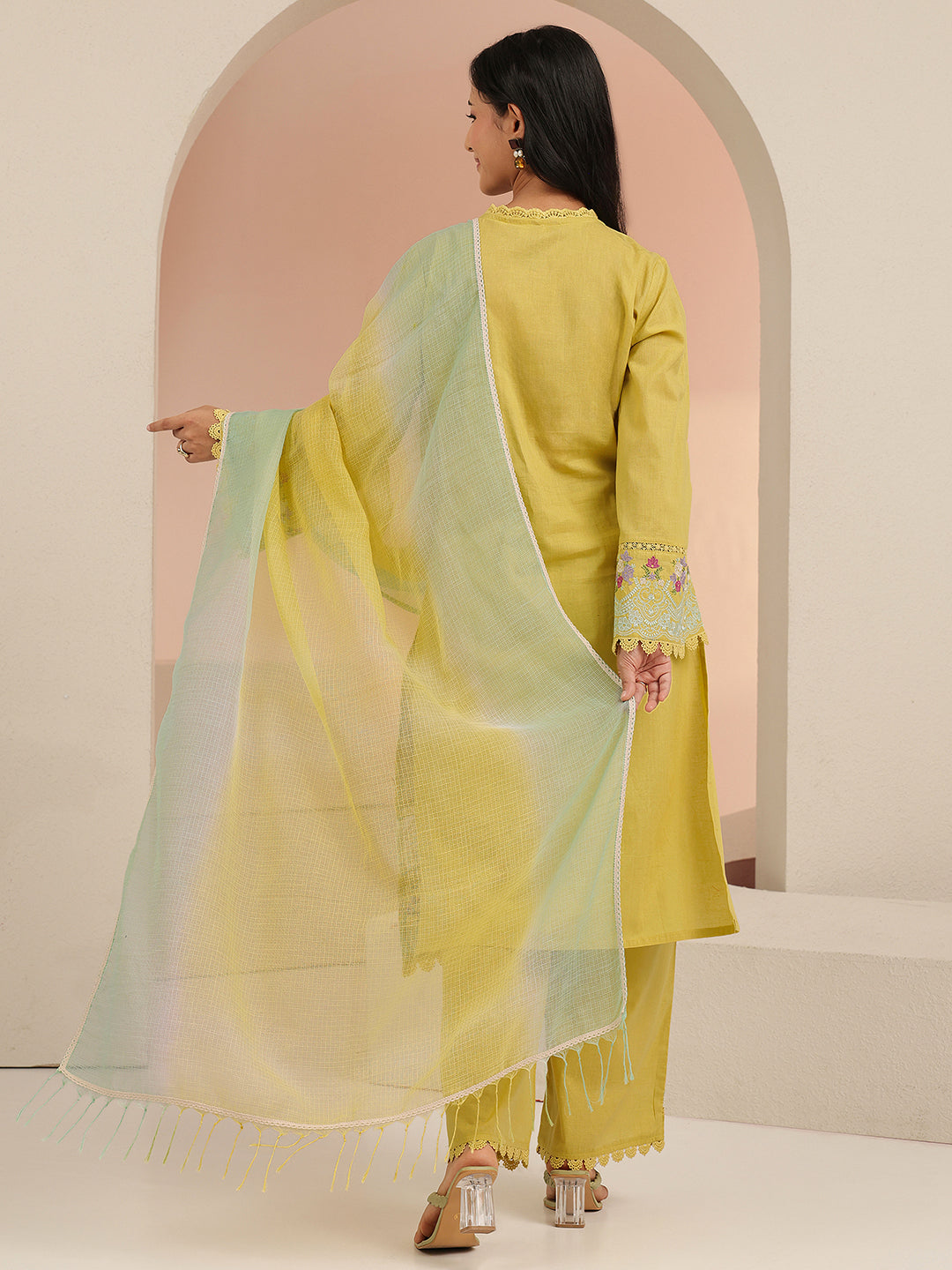 Libas Yellow Floral Embroidered Cotton Straight Suit Set