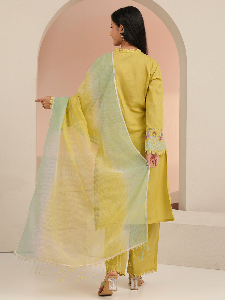 Libas Yellow Floral Embroidered Cotton Straight Suit Set