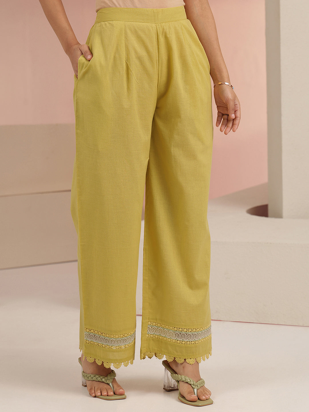 Libas Yellow Floral Embroidered Cotton Straight Suit Set