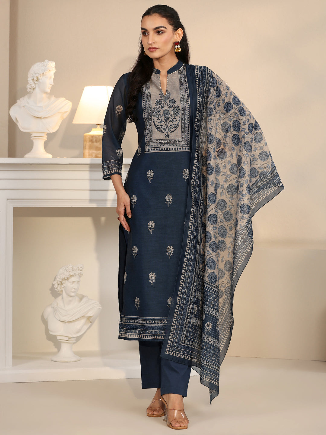 Libas Navy Blue Printed Yoke Chanderi Silk Straight Suit Set
