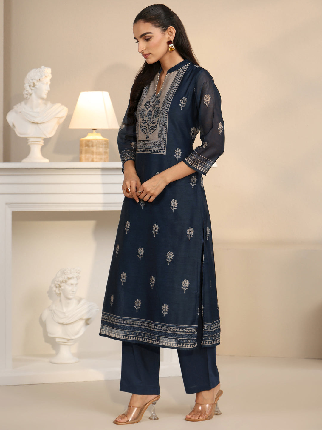 Libas Navy Blue Printed Yoke Chanderi Silk Straight Suit Set