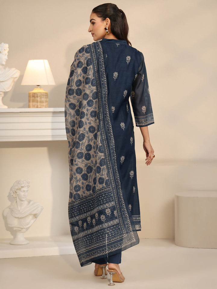 Libas Navy Blue Printed Yoke Chanderi Silk Straight Suit Set