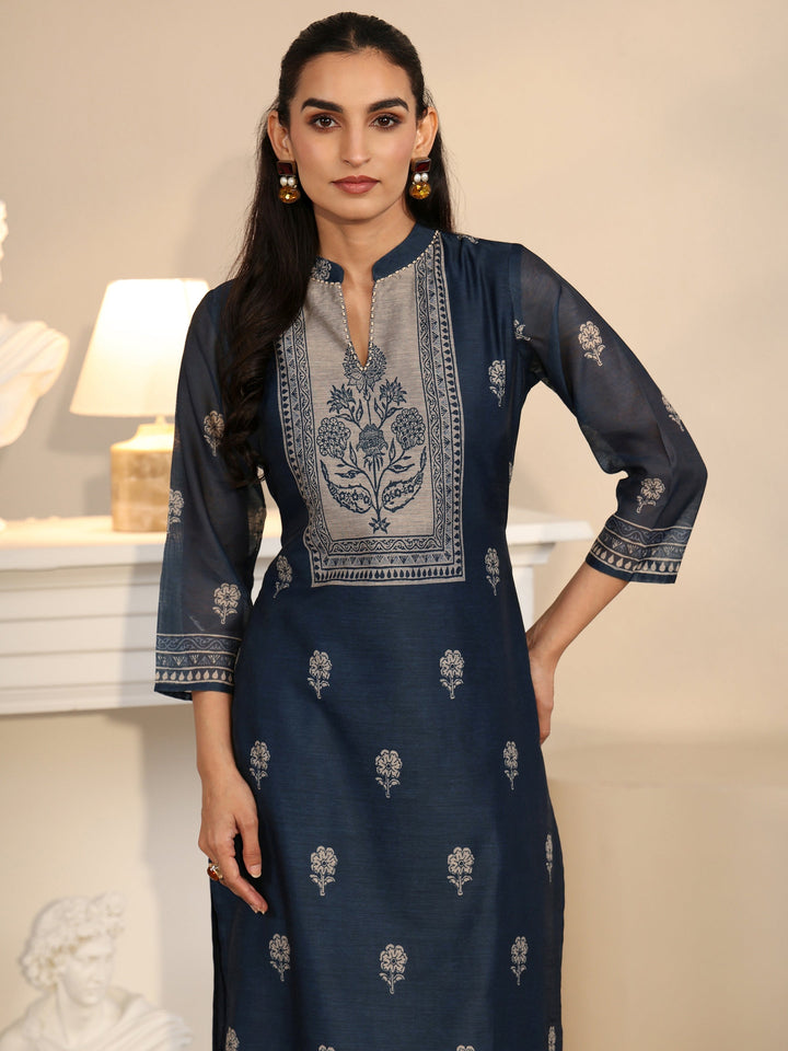Libas Navy Blue Printed Yoke Chanderi Silk Straight Suit Set