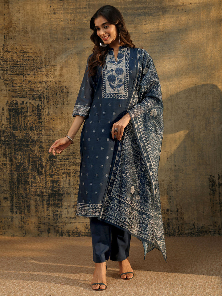 Libas Indigo Blue Floral Printed Chanderi Silk Straight Suit Set