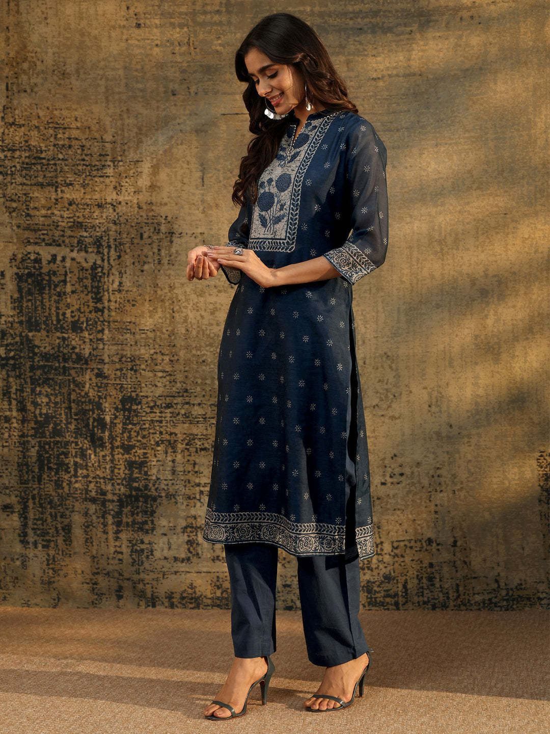 Libas Indigo Blue Floral Printed Chanderi Silk Straight Suit Set