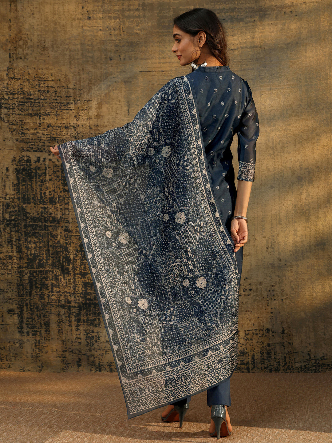 Libas Indigo Blue Floral Printed Chanderi Silk Straight Suit Set