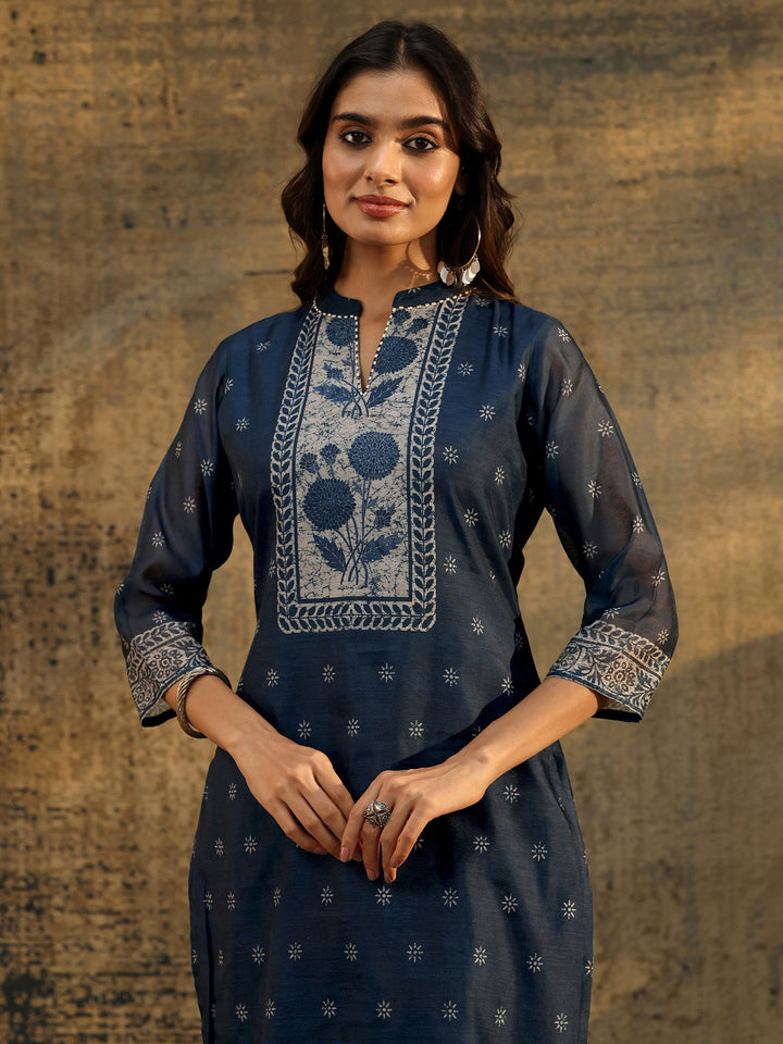 Libas Indigo Blue Floral Printed Chanderi Silk Straight Suit Set