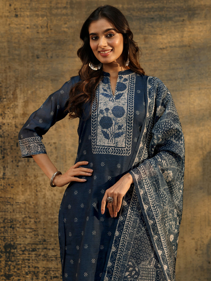 Libas Indigo Blue Floral Printed Chanderi Silk Straight Suit Set