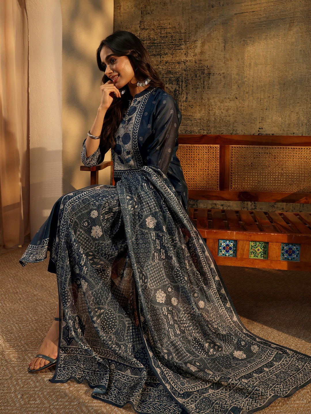 Libas Indigo Blue Floral Printed Chanderi Silk Straight Suit Set