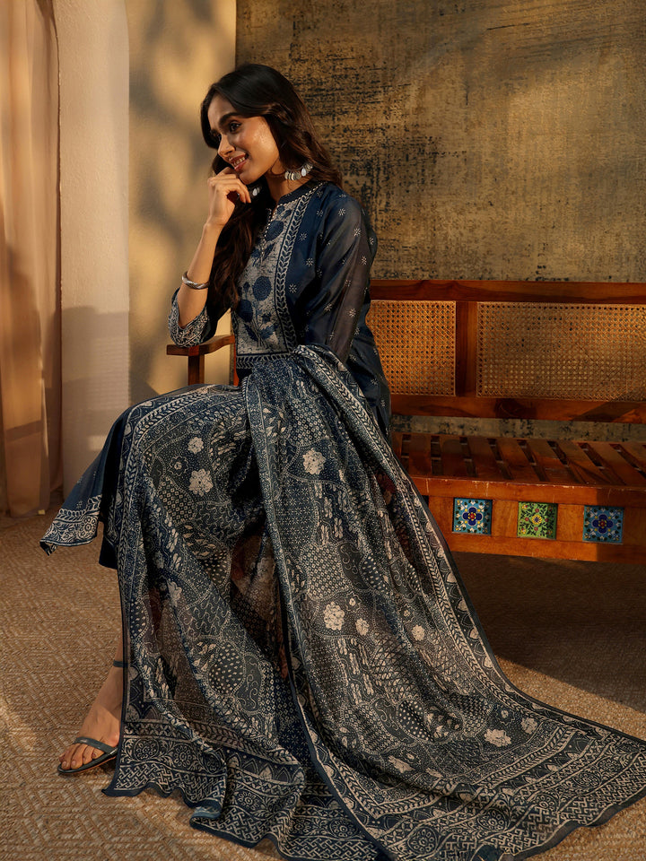 Libas Indigo Blue Floral Printed Chanderi Silk Straight Suit Set