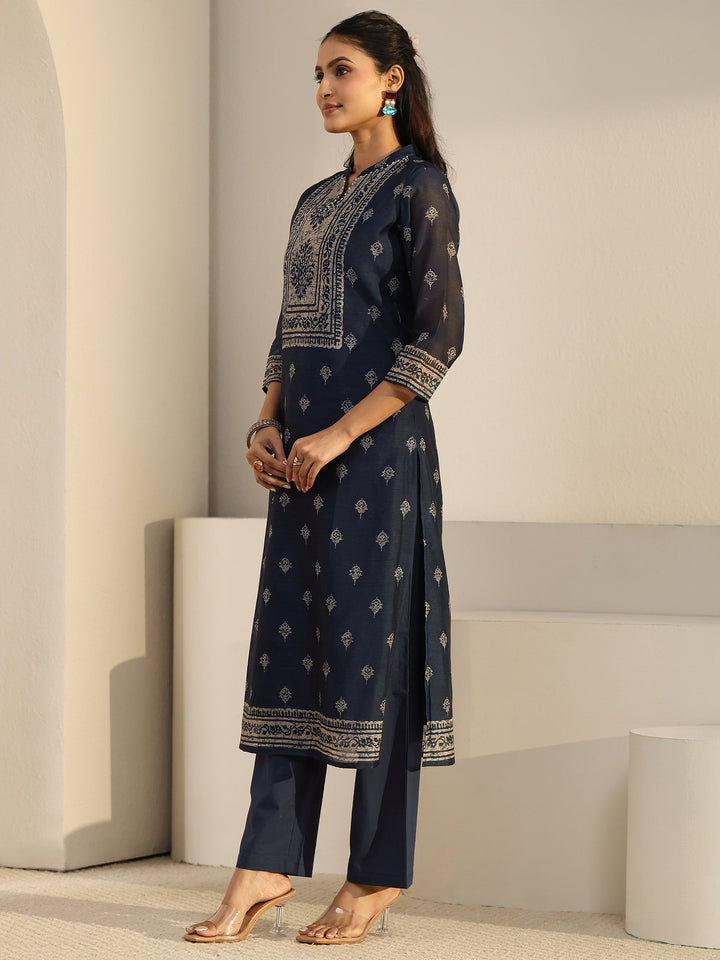 Libas Indigo Blue Printed Chanderi Silk Straight Suit Set
