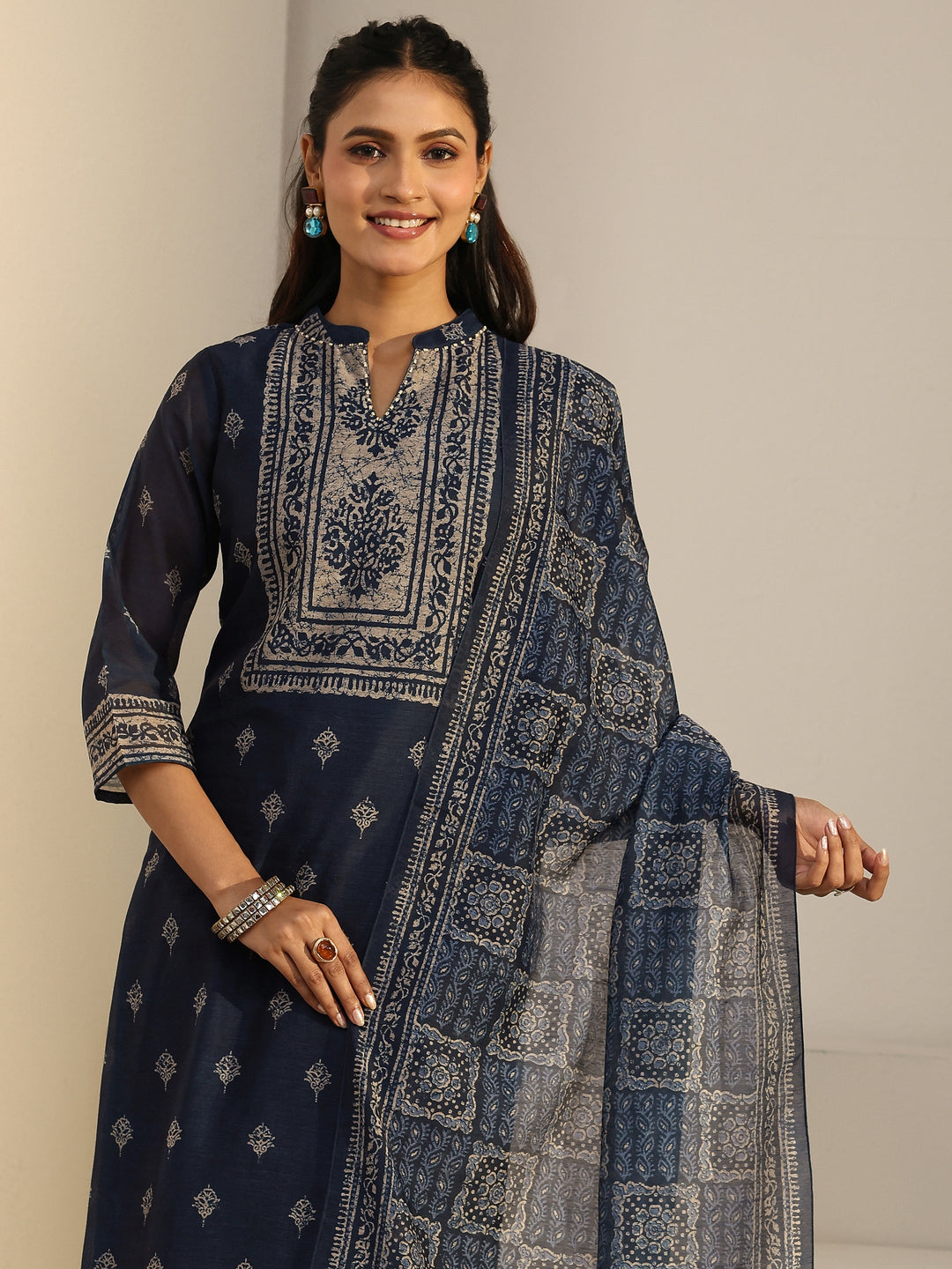 Libas Indigo Blue Printed Chanderi Silk Straight Suit Set