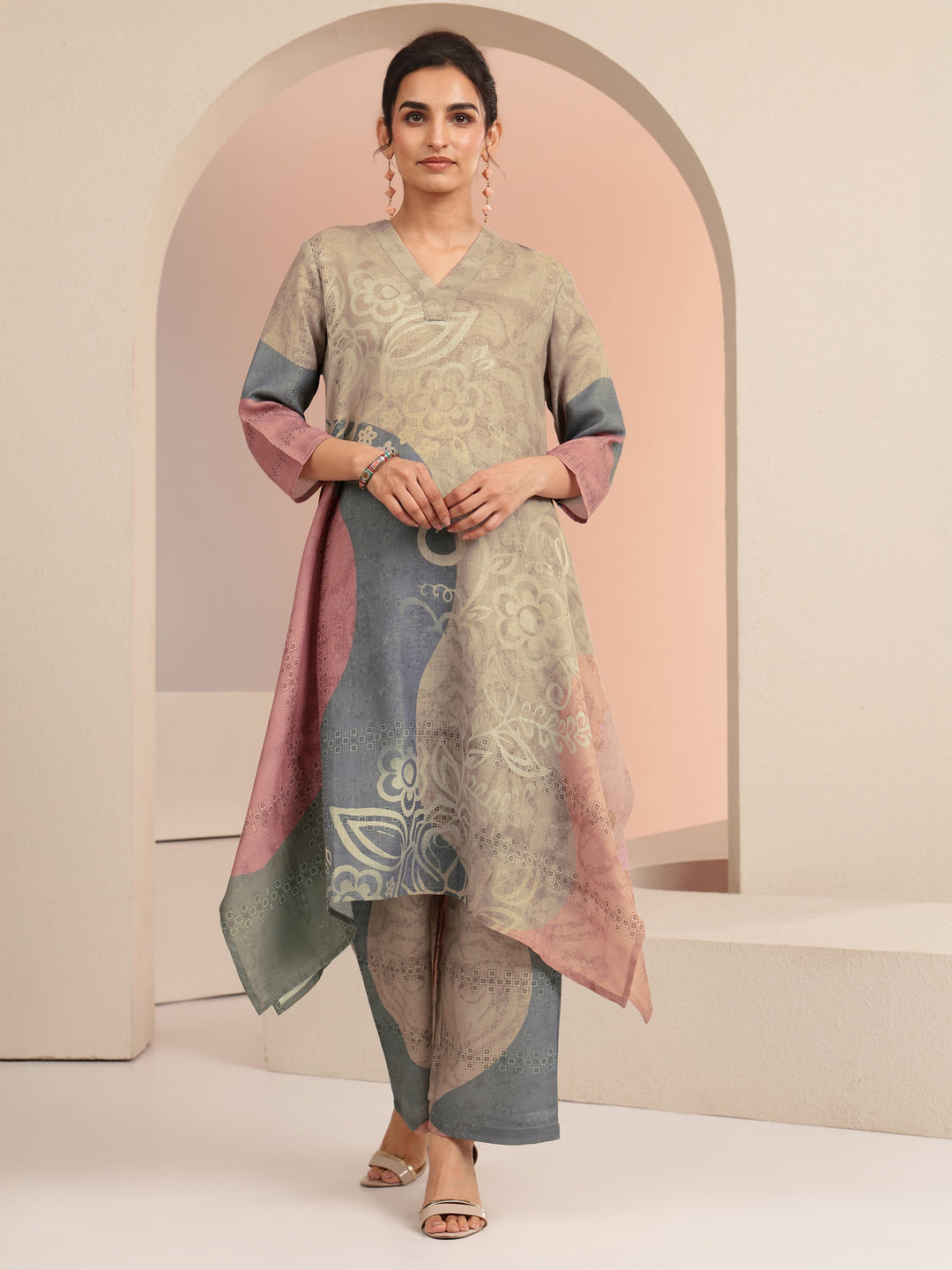 Libas Beige Floral Printed Linen A-Line Kurta Set