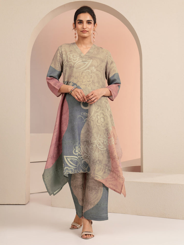 Libas Beige Floral Printed Linen A-Line Kurta Set