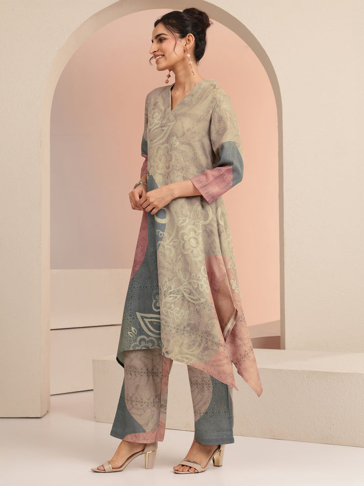 Libas Beige Floral Printed Linen A-Line Kurta Set