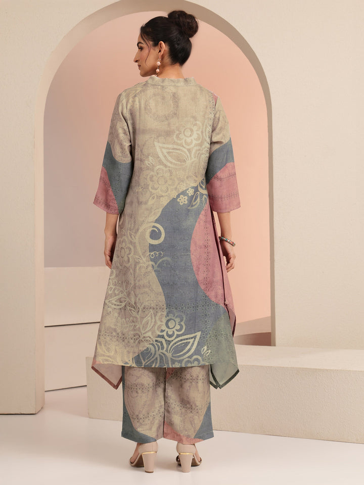 Libas Beige Floral Printed Linen A-Line Kurta Set