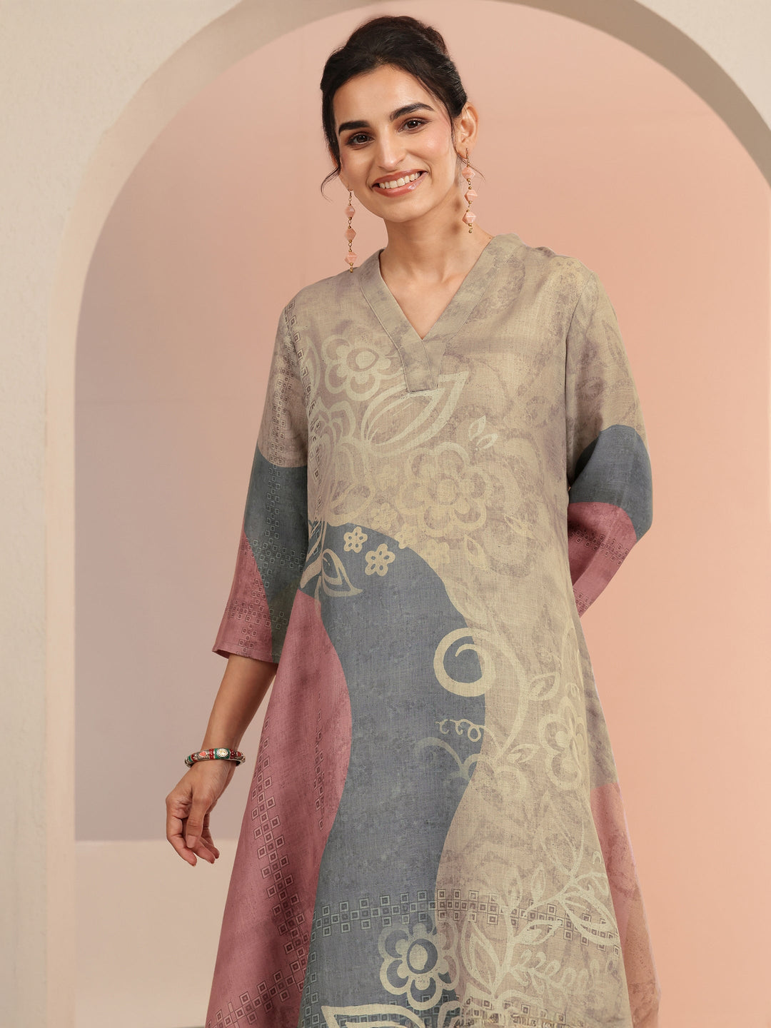 Libas Beige Floral Printed Linen A-Line Kurta Set