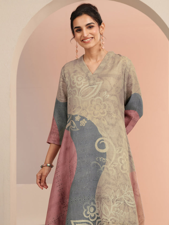 Libas Beige Floral Printed Linen A-Line Kurta Set