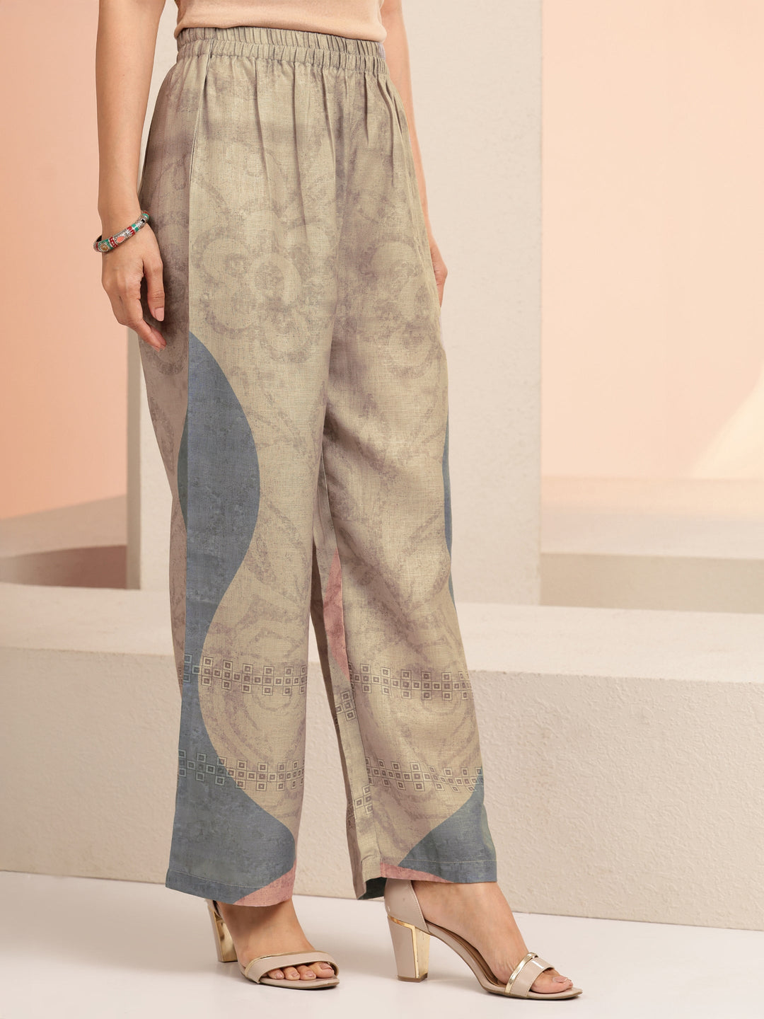 Libas Beige Floral Printed Linen A-Line Kurta Set