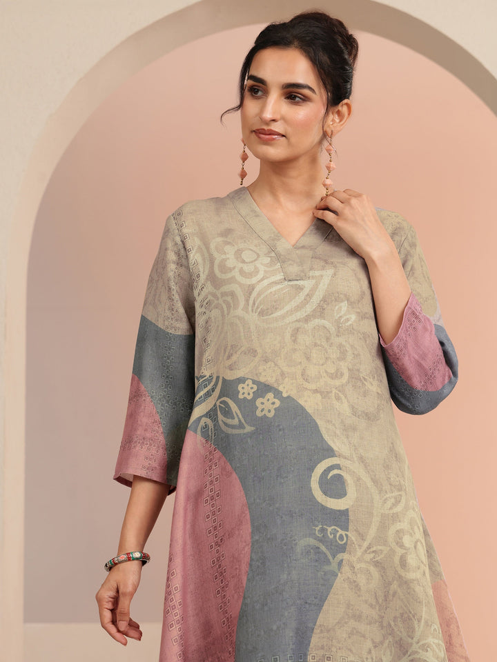Libas Beige Floral Printed Linen A-Line Kurta Set