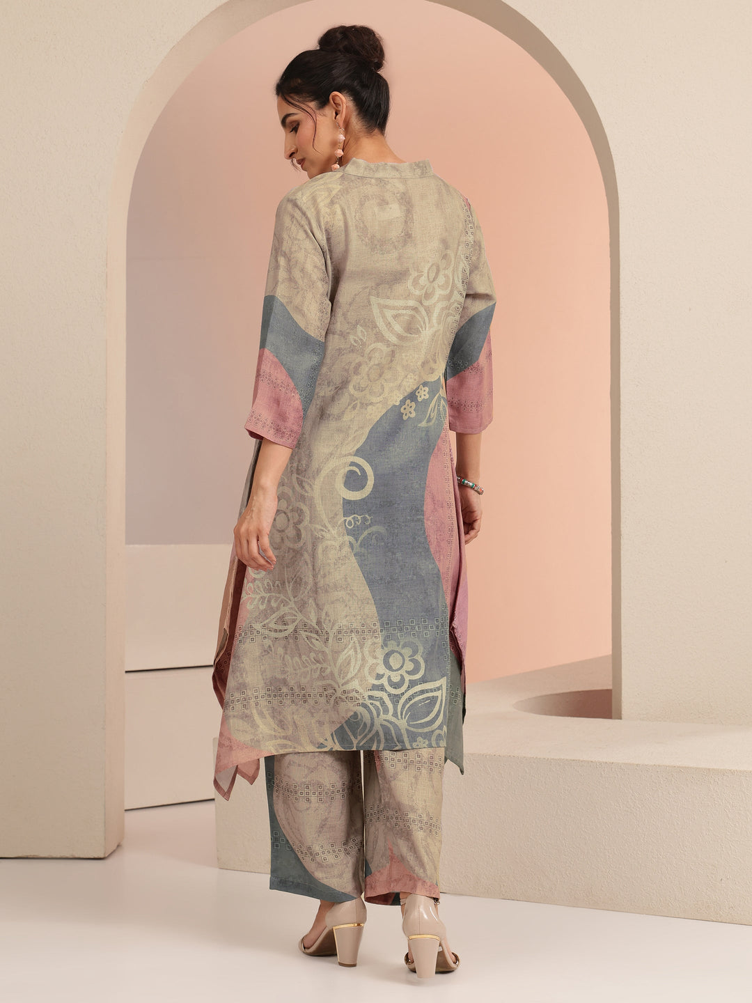 Libas Beige Floral Printed Linen A-Line Kurta Set